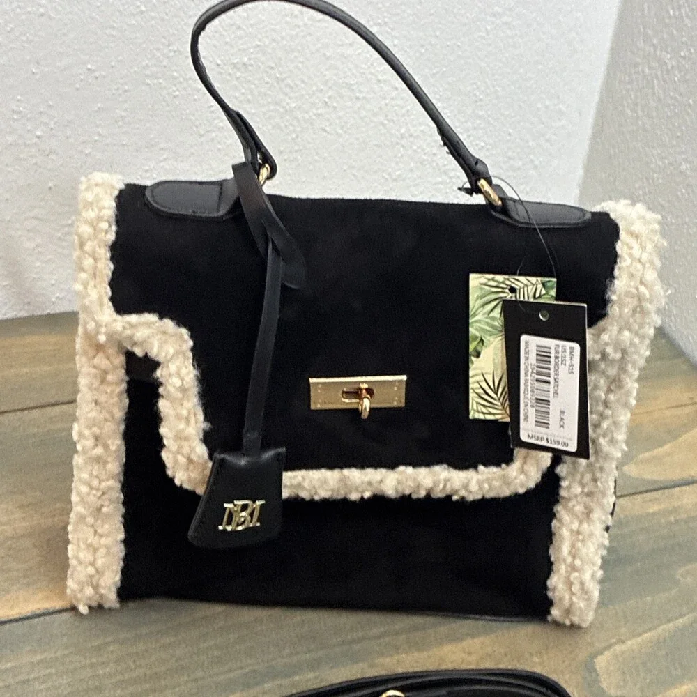 Badgley Mischka NWT Shearling Faux Fur Satchel Crossbody Black Handbag(ST) - Picture 2 of 10